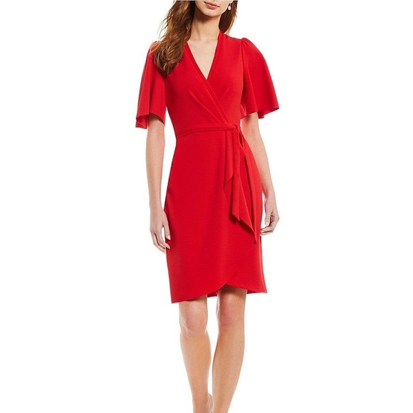 donna morgan short flutter sleeve faux wrap dress